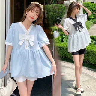 Áo bầu xinh, áo bầu công sở dáng babydoll cổ V phối nơ sang chảnh nhẹ nhàng - AH60