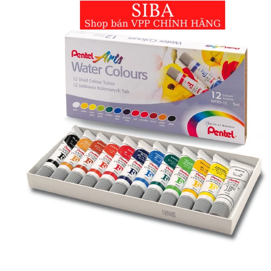 Màu nước Pentel, bộ màu nước water color 12/ 18/ 24 màu tuýp kẽm 5ml WFRS
