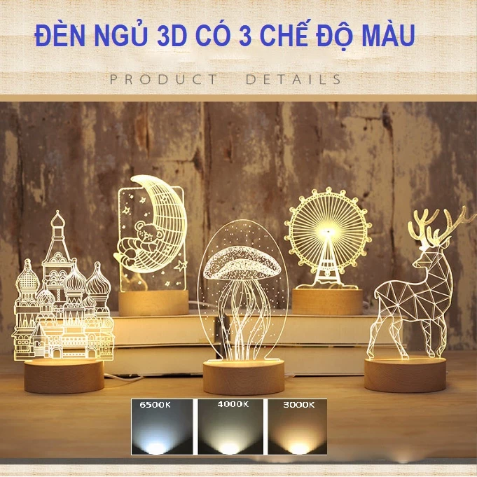 Đèn Ngủ Trang Trí 3D Nhiều Mẫu Siêu Xinh - Đầu Cắm USB - 3 cHẾ ĐỘ MÀU
