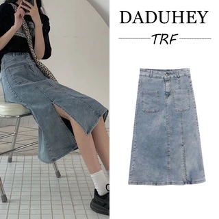 DaDuHey💕 2023 New Korean Version of Ulzzang Denim Skirt Niche High Waist Slit Skirt Female A- line Skirt