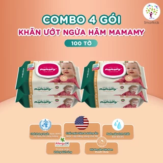 Combo 04 khăn ướt Mamamy ngừa hăm, rôm sảy 100 tờ/ gói, có nắp, không mùi, an toàn cho trẻ sơ sinh