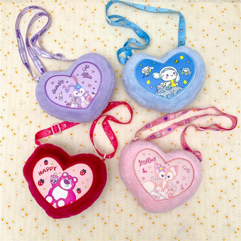 Túi đeo chéo Hình Trái tim in Gấu Hồng Lotso, Sanrio gấu Kuromi,...vải bông mềm mịn cho bé