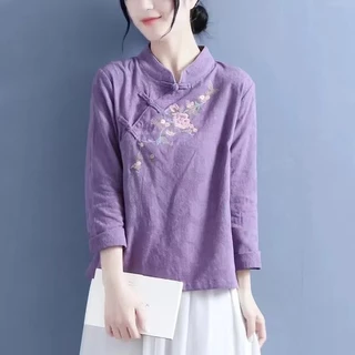 Áo Sơ Mi Cotton Lanh Tay Dài Dáng Rộng Thêu Họa Tiết Nghệ Thuật Cổ Điển Thời Trang Cho Nữ