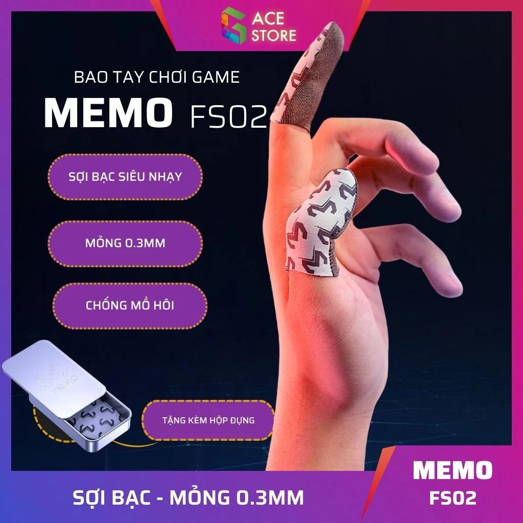 Memo FS02 | Bao tay chơi game sợi chỉ bạc - 1 cặp 2 bao ngón tay (Tặng kèm hộp)