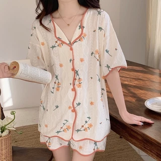 Bộ đồ ngủ nữ tay ngắn quần đùi ngắn tay mùa hè siêu thoải mái và dễ thương cotton jacquard không phai không đọng thuốc chất mỏng cao cấp TTK554