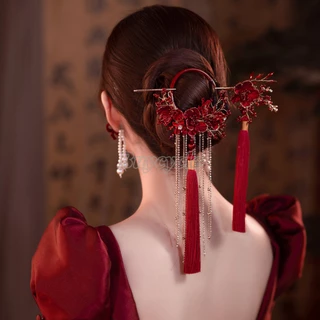 Trâm cài tóc đính hoa màu đỏ thời trang cô dâu