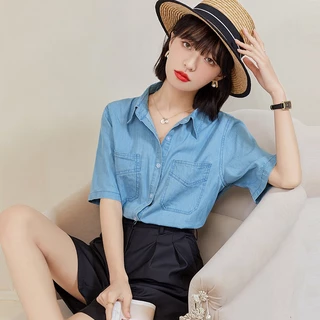 Áo Sơ Mi Denim Mỏng Tay Ngắn Phong Cách Hàn Quốc Thời Trang Mùa Hè 2023 Hàng Mới