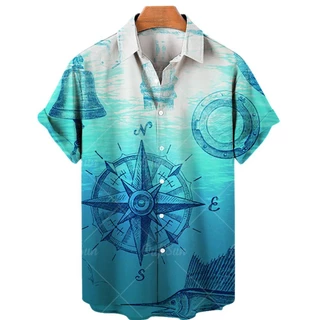 2023 Mới Unisex Retro Áo Sơ Mi Nam Rời Tay Ngắn Nam Hawaii Áo Sơ Mi Thuyền La Bàn Marine 3d In Retro Plus Kích Thước Áo Sơ Mi