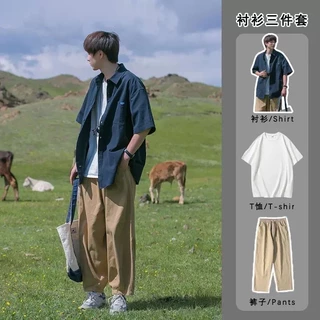 【luckin men's】bộ đồ，thời trang nam，Bộ Áo Sơ Mi Ngắn Tay + Quần Kaki Phong Cách Nhật Bản Thời Trang Mùa Hè Cho Bé Trai，áo thun nam，áo phông nam，áo thun oversize nam，t shirt nam，áo thun form rộng，đồ bộ nam，xanh lam，trắng，kaki，quần nam，quần ống suông，