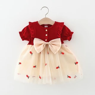Đầm Cotton Tay Ngắn Phối Lưới Màu Đỏ Phong Cách Hàn Quốc Thời Trang Xinh Xắn Cho Bé Gái