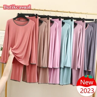 Bộ hai mảnh nữ modal cotton top va chạm quần ống rộng dáng rộng mặc phòng chờ Bộ đồ ngủ mùa hè 2024 Thoải mái cổ tròn dài tay áo + quần Bộ đồ ngủ