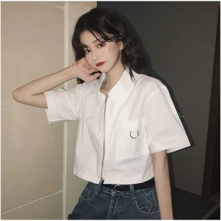 Áo sơ mi Croptop tay ngắn dáng rộng phong cách Hàn Quốc mùa hè dành cho bé gái