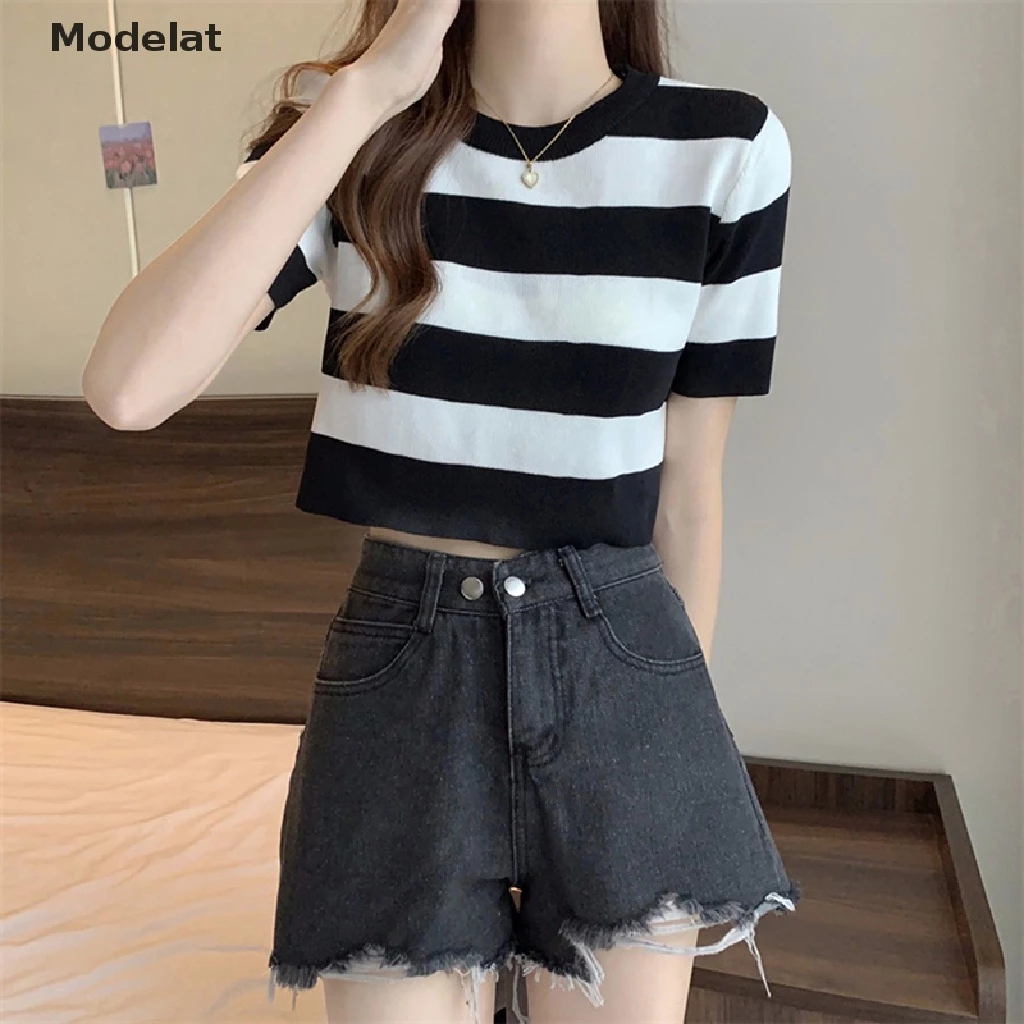 Áo croptop dệt kim GJCUTE tay ngắn cổ tròn họa tiết kẻ sọc phong cách vintage thời trang mùa hè cho nữ