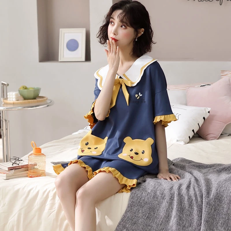 Bộ Đồ Ngủ Tay Ngắn Chất Liệu Cotton Mỏng Thời Trang Mùa Hè Dễ Thương Cho Nữ