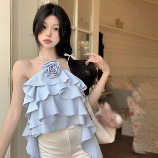 Áo Crop Top Hai Dây Vải Voan Phối Bèo Hở Lưng Họa Tiết Hoa Thời Trang Quyến Rũ Cho Nữ