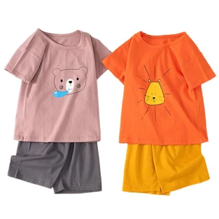 Set Đồ Mùa Hè 2 Món Gồm Áo Thun Cotton Tay Cộc + Quần Ngắn In Họa Tiết Hoạt Hình Cho Bé Trai + Gái