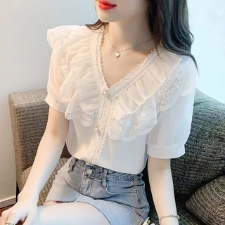 Áo Sơ Mi Chiffon Tay Phồng Ngắn Cổ Chữ V Phối Ren Ngọt Ngào Thời Trang Mùa Hè Cho Nữ