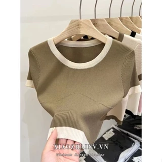 Xiaozhainv Áo Croptop Dệt Kim Tay Ngắn Cổ Tròn Màu Trơn Thời Trang Hàn Quốc 5 Màu Lựa Chọn Cho Nữ