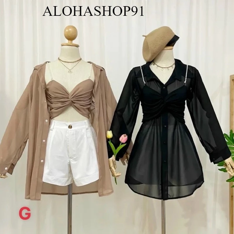 Set áo sơmi kèm bara dây cườm mặc được hai kiểu, set bikini đi biển💕💕💕GG alohashop91