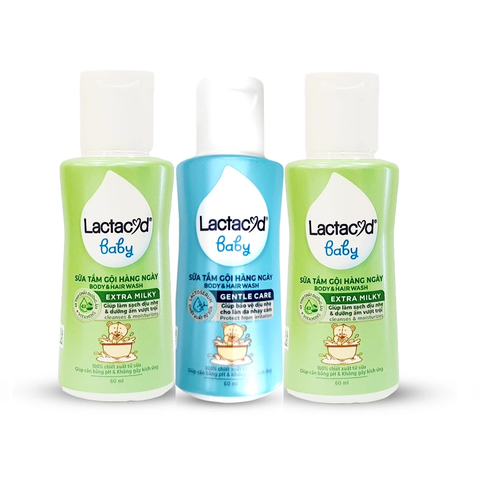 3 Chai Lactacyd Baby Extra Milky - Sữa tắm cho bé Giảm rôm sảy hăm kẽ dưỡng da cho bé và duy trì độ ẩm Chai 60ml