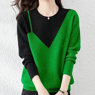 Áo sweater Dệt Kim Tay Dài Cổ Tròn Dáng Rộng Phối Màu Tương Phản Xinh Xắn Cho Nữ