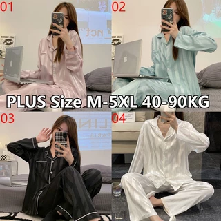 Bộ Đồ Ngủ Tay Dài Chất Lụa Satin Họa Tiết Kẻ Sọc Thời Trang Hàn Quốc Cho Nữ Size M-5XL