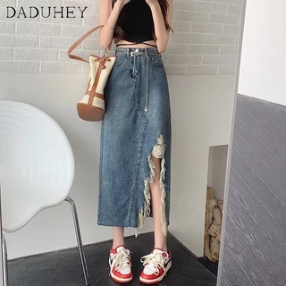 Chân váy DADUHEY vải denim lưng cao dáng dài xẻ tà viền thô thời trang phong cách Hàn Quốc cổ điển 2023