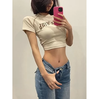 Áo Croptop Tay Ngắn Cổ Tròn In Chữ Phong Cách Retro Mỹ Thời Trang Mùa Hè Quyến Rũ Cho Nữ