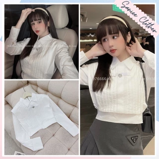 Áo sơ mi nữ trắng nơ ngọc dài tay dáng croptop tiểu thư SanieeClothes