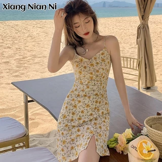 Đầm hai dây Xiang Nian Ni dáng chữ A cổ chữ V họa tiết hoa thời trang mùa hè cho nữ