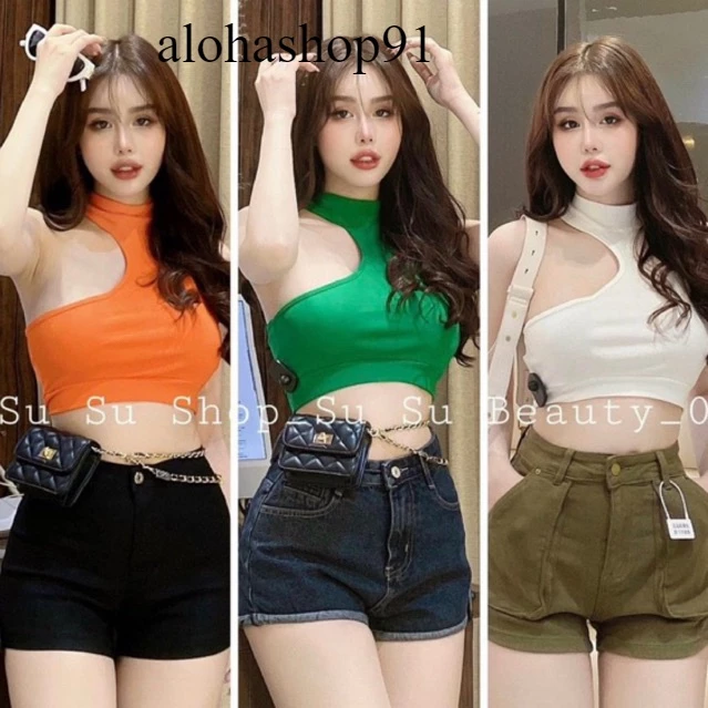 Áo ba lỗ cổ lọ khoét ngực sâu, Áo ba lỗ nữ croptop cổ lọ phong cách  uk alohashop91