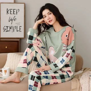 Bộ Đồ Ngủ Pijama Màu Trơn Cổ Tròn In Họa Tiết Ngôi Sao Baju Tidur Wanita Cho Nữ