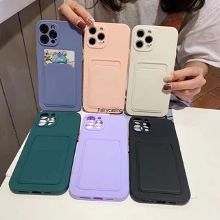 Ốp Điện Thoại Silicone Mềm Màu Trơn Chống Sốc Có Ngăn Đựng Thẻ Cho iPhone 14 13 12 11 Pro MAX XS XR X 7 8 Plus