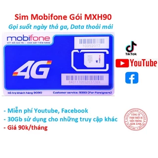 Sim nghe gọi Mobifone 4G gói MXH90, miễn phí 30GB, data mạng xã hội và gọi, chính hãng