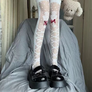 Japanese JK Princess Lolita Long Socks Soft Girl White Thigh High Socks Bow Tie Transparent Jacquard Knee High Socks