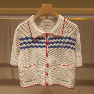 Áo sweater Dệt Kim Cổ polo Dáng Ngắn Phong Cách chanel Thời Trang Mùa Hè Cho Nữ