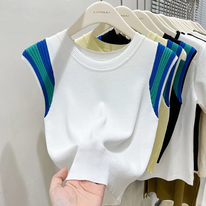 Áo Tank Top Dệt Kim Sát Nách Cổ Tròn Hoạ Tiết Kẻ Sọc Màu Sắc Tương Phản Thời Trang Mùa Hè Cho
