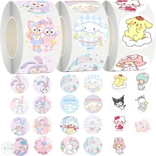 500 cái/cuộn Nhãn dán Sanrio dễ thương Hello Kitty/kuromi/ Giấy trang trí quế Nhãn dán giấy cho tài khoản cầm tay Nhãn dán băng keo hoạt hình dễ thương WE