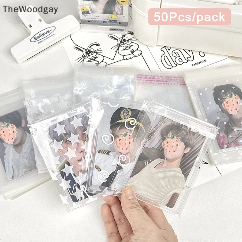 Thewoodgay 50 cái / gói trong suốt star self-adhesive opp bag kpop idol photo cards túi lưu trữ bảo vệ photocard card sleeves en