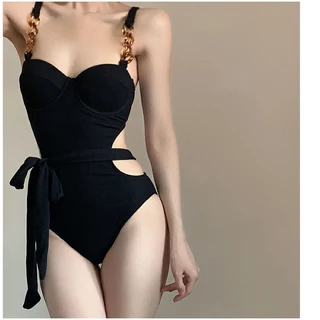 New French retro steel support sexy swimsuit big-name simple one-piece swimsuit with open waist strap gathered back one-piece swimsuit