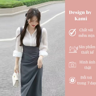 Set váy yếm xám dáng dài body kèm áo sơ mi trắng Luffi size SML - Design by Kami