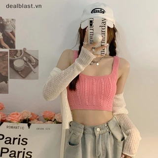 [sk] Màu kẹo ngọt ngào Áo hai dây dệt kim mùa hè phụ nữ không tay thường mỏng crop top sk