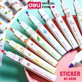 Bộ bút highlight nhớ dòng kèm sticker trang trí đánh dấu màu pastel Deli dạ quang tiện lợi cho học sinh văn phòng - S741