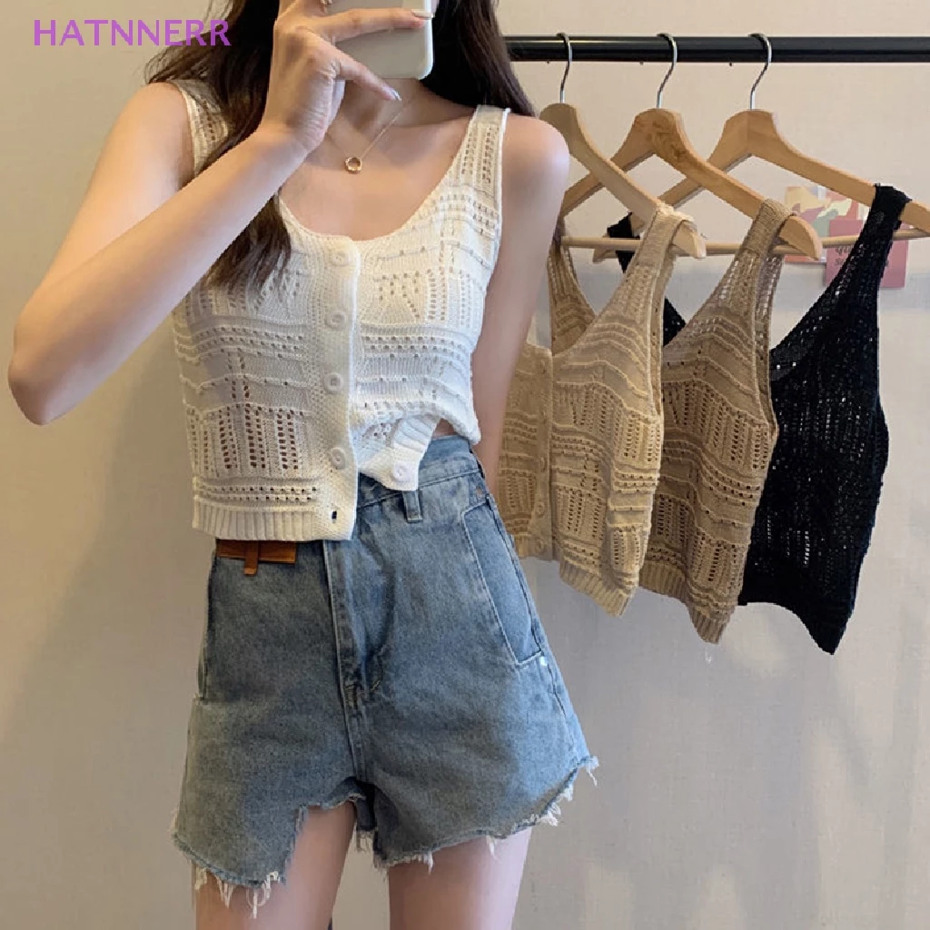 [HBNE] Áo Crop Top Dệt Kim Không Tay Màu Trơn Cài Nút Thời Trang Mùa Hè Cho Nữ FHS