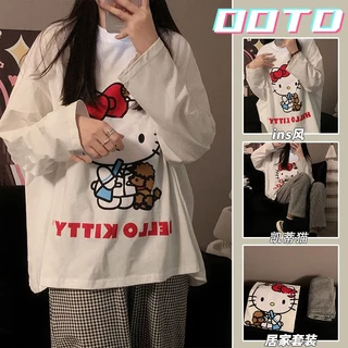 Bộ đồ ngủ FDS với quần dài và áo tay dài họa tiết Hello Kitty thời trang dễ thương cho nữ