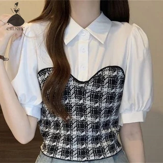 Áo Croptop Dệt Kim Tay Ngắn Cổ Bẻ Thời Trang Mùa Hè Cho Nữ