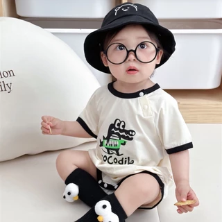 Áo Liền Quần Bằng Cotton Tay Ngắn Cổ Tròn In Hoạt Hình Dành Cho Bé Trai Gái 0-2 Tuổi