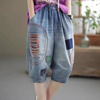 Quần Short Denim Mỏng Dáng Rộng Phối Rách Thời Trang Mùa Hè 2023 Cho Nữ