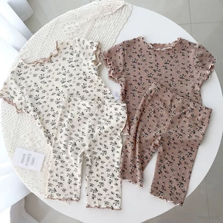 Đồ ngủ cho bé gái hàn quốc mùa hè ngắn tay-tay áo hoa + quần set baby summer two-piece air-conditioning suit