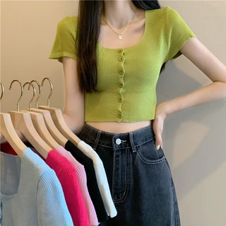 Áo Croptop Dệt Kim Ngắn Tay Cổ Vuông Form Ôm Phong Cách Quyến Rũ